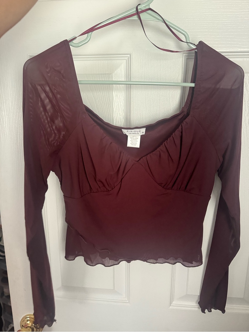 Kendall & Kylie Wine Long-Sleeve Sheer Crop Top - Fitted Bust Detail